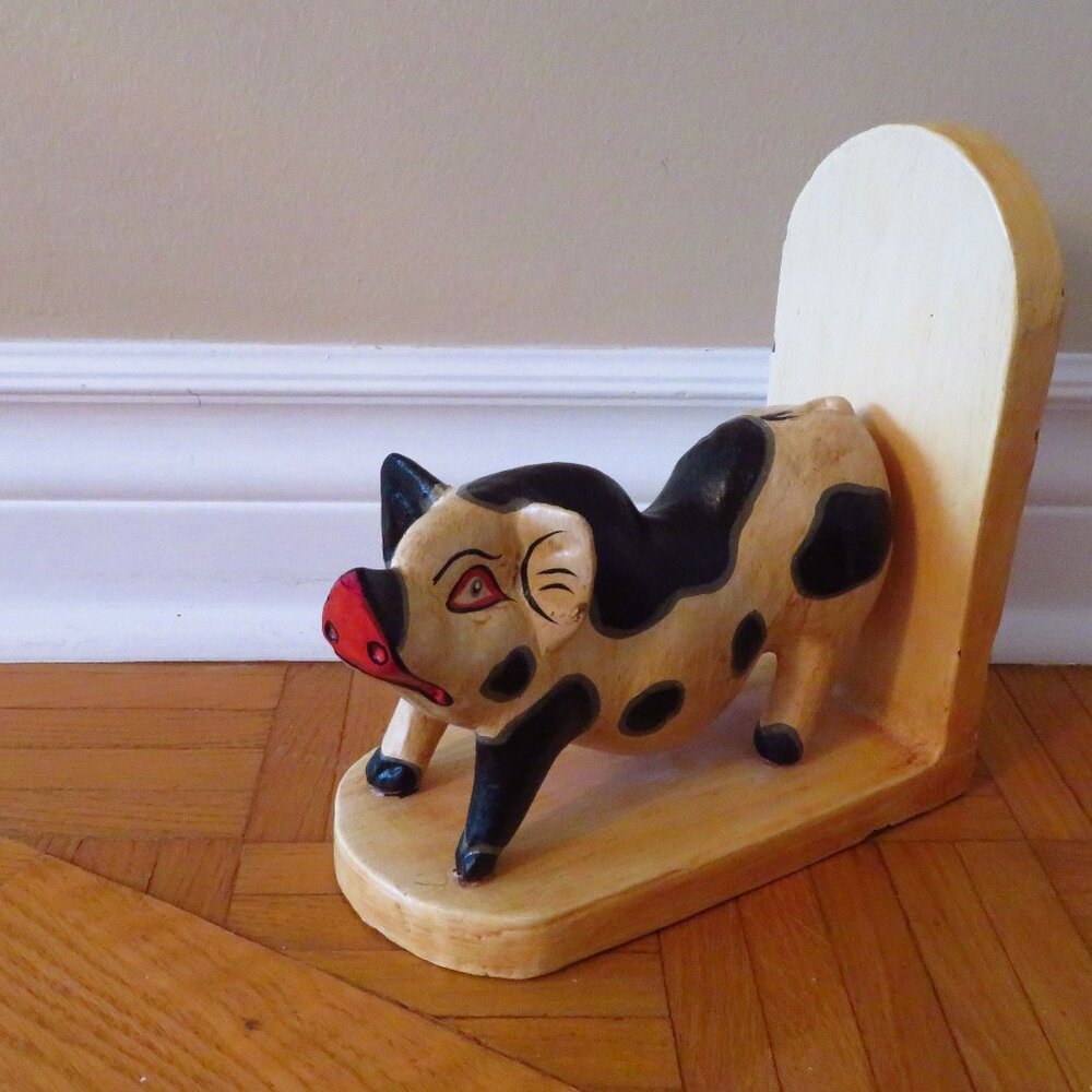 Vtg Hand Carved Pig Boar Potbelly Hog Folk Art Solid Wood Sculpture book end fig